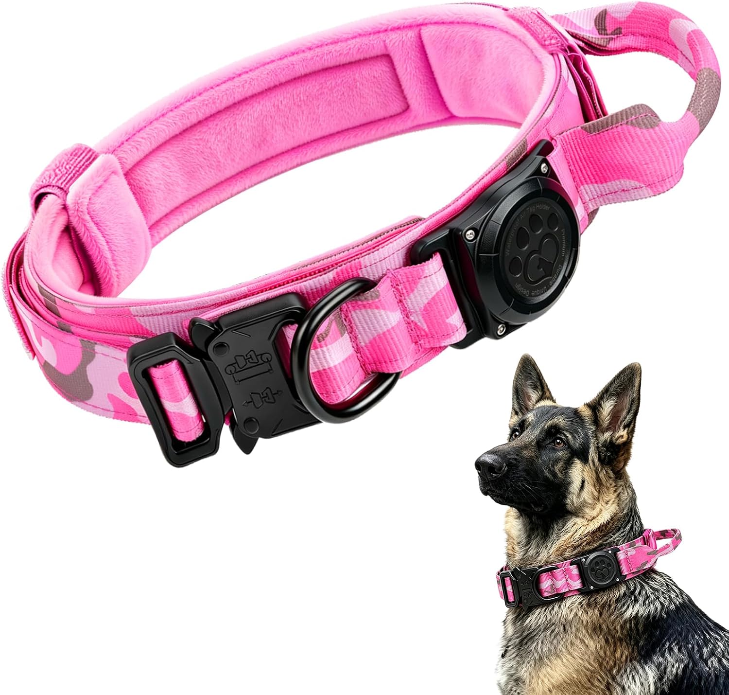 Hotsky IP68 Waterproof Tactical Airtag Dog Collar with Handle,Pink Camo,XL Hotsky IP68 Waterproof Tactical Airtag Dog Collar with Handle,Pink Camo,XL