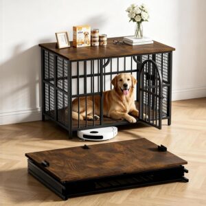 LEVELEVE 32 Inch Foldable Dog Crate Furniture for Medium Dogs, Heavy Duty Wooden Metal Dog Kennel Indoor with Storage Top and Removable Tray LEVELEVE 32 Inch Foldable Dog Crate Furniture for Medium Dogs, Heavy Duty Wooden Metal Dog Kennel Indoor with Storage Top and Removable Tray