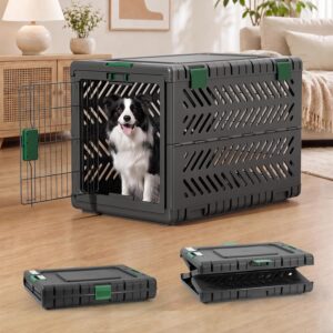 36″ L Travel Dog Crate -Collapsible Dog Crate for Medium/Small Dogs, No Tools Required with Space Saving Design,Portable Foldable Dog Carrier with 2 Smooth Wheels,Handles for Easy Moving,Dark Grey