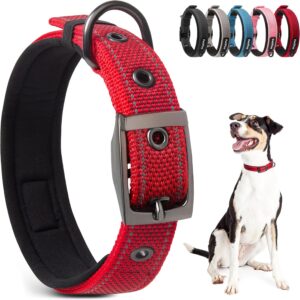 PetiFine Dog Collars for Medium Dogs, Neoprene Padded and Adjustable, Reflective Wide Heavy Duty Pet Collars with Durable Metal Belt Buckle for Walking, Red, M