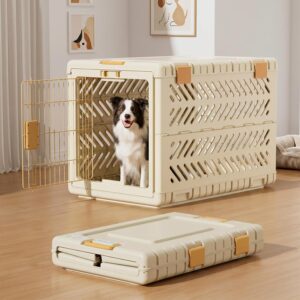 Collapsible Dog Crate for Large/Medium Dogs – 36″ L Foldable Dog Cage No-Tool Assembly, Travel Dog Crate with 2 Wheels – Easy to Carry, Space-Saving, Indoor Outdoor Use, Cream, 36.4”L*22.84”W*25.8”H