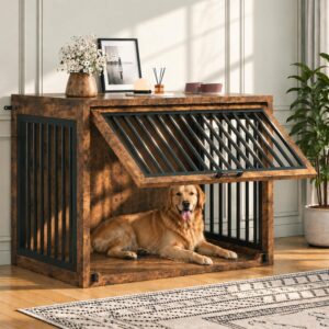 Jocoevol Dog Crate Furniture – 42” Wooden Dog Kennel for Large Dogs up to 80 lb, Large Dog Crate with Hidden Sliding Door, Heavy Duty Dog Cage with Safety Latch and Quiet Pads, Rustic