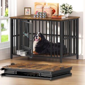Easycom Foldable Dog Crate Furniture for Large Dogs, Rustic Brown (DC108)