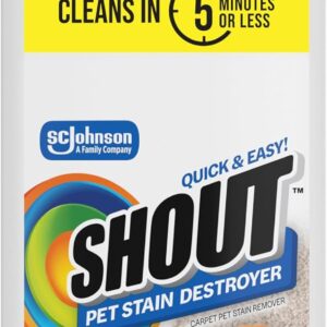 Shout Pet Stain Remover, Color-Safe Rug, Upholstery & Carpet Cleaner Solution for Dog & Cat Urine, Feces, Vomit & Mud, Fights Odors & Remarking, Fast-Acting Cleans in 5 Minutes or Less, 24.3oz