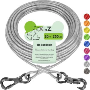 XiaZ Dog Tie Out Cable, Heavy Duty Dog Chains for Outside with Lockable Hook, Pet Runner Cable Leads for Yard, Dogs Line Tether for Small Medium Large Dogs Up to 250 LBS (20FT, Silver)